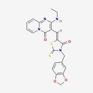 molecular formula C22H18N4O4S2 B12158746 3-[3-(1,3-Benzodioxole-5-ylmethyl)-4-oxo-2-thioxothiazolidine-5-ylidenemethyl]-2-(ethylamino)-4H-pyrido[1,2-a]pyrimidine-4-one 