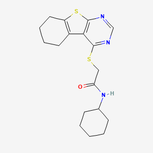 molecular formula C18H23N3OS2 B12158912 N-cyclohexyl-2-{8-thia-4,6-diazatricyclo[7.4.0.0^{2,7}]trideca-1(9),2,4,6-tetraen-3-ylsulfanyl}acetamide 