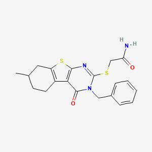 molecular formula C20H21N3O2S2 B12160059 2-[(3-Benzyl-7-methyl-4-oxo-3,4,5,6,7,8-hexahydro[1]benzothieno[2,3-d]pyrimidin-2-yl)sulfanyl]acetamide 