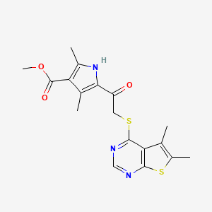 molecular formula C18H19N3O3S2 B12160300 methyl 5-[2-({5,6-dimethylthieno[2,3-d]pyrimidin-4-yl}sulfanyl)acetyl]-2,4-dimethyl-1H-pyrrole-3-carboxylate 