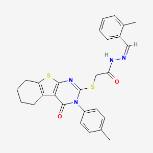 molecular formula C27H26N4O2S2 B12160659 N'-[(Z)-(2-methylphenyl)methylidene]-2-{[3-(4-methylphenyl)-4-oxo-3,4,5,6,7,8-hexahydro[1]benzothieno[2,3-d]pyrimidin-2-yl]sulfanyl}acetohydrazide 