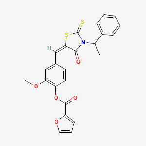 molecular formula C24H19NO5S2 B12160787 2-methoxy-4-{(E)-[4-oxo-3-(1-phenylethyl)-2-thioxo-1,3-thiazolidin-5-ylidene]methyl}phenyl furan-2-carboxylate 