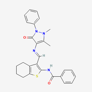 molecular formula C27H26N4O2S B12161074 N-(3-{[(1,5-dimethyl-3-oxo-2-phenyl-2,3-dihydro-1H-pyrazol-4-yl)imino]methyl}-4,5,6,7-tetrahydro-1-benzothiophen-2-yl)benzamide 