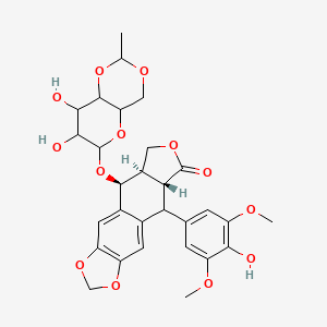 molecular formula C29H32O13 B1216319 (5S,5aR,8aR)-5-[(7,8-dihydroxy-2-methyl-4,4a,6,7,8,8a-hexahydropyrano[3,2-d][1,3]dioxin-6-yl)oxy]-9-(4-hydroxy-3,5-dimethoxyphenyl)-5a,6,8a,9-tetrahydro-5H-[2]benzofuro[6,5-f][1,3]benzodioxol-8-one 