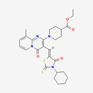 molecular formula C27H32N4O4S2 B12163390 ethyl 1-{3-[(Z)-(3-cyclohexyl-4-oxo-2-thioxo-1,3-thiazolidin-5-ylidene)methyl]-9-methyl-4-oxo-4H-pyrido[1,2-a]pyrimidin-2-yl}piperidine-4-carboxylate 