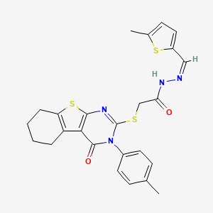 molecular formula C25H24N4O2S3 B12164544 2-{[3-(4-methylphenyl)-4-oxo-3,4,5,6,7,8-hexahydro[1]benzothieno[2,3-d]pyrimidin-2-yl]sulfanyl}-N'-[(Z)-(5-methylthiophen-2-yl)methylidene]acetohydrazide 