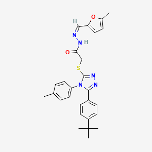 molecular formula C27H29N5O2S B12165197 2-[[5-(4-tert-butylphenyl)-4-(4-methylphenyl)-1,2,4-triazol-3-yl]sulfanyl]-N-[(E)-(5-methylfuran-2-yl)methylideneamino]acetamide 