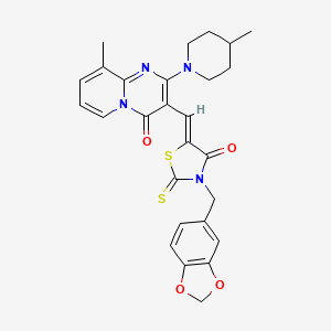 molecular formula C27H26N4O4S2 B12165370 3-{(Z)-[3-(1,3-benzodioxol-5-ylmethyl)-4-oxo-2-thioxo-1,3-thiazolidin-5-ylidene]methyl}-9-methyl-2-(4-methylpiperidin-1-yl)-4H-pyrido[1,2-a]pyrimidin-4-one 