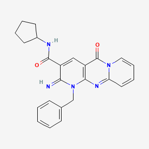 molecular formula C24H23N5O2 B12165608 7-benzyl-N-cyclopentyl-6-imino-2-oxo-1,7,9-triazatricyclo[8.4.0.03,8]tetradeca-3(8),4,9,11,13-pentaene-5-carboxamide 