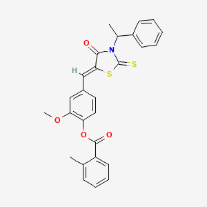 molecular formula C27H23NO4S2 B12165679 2-methoxy-4-{(Z)-[4-oxo-3-(1-phenylethyl)-2-thioxo-1,3-thiazolidin-5-ylidene]methyl}phenyl 2-methylbenzoate 