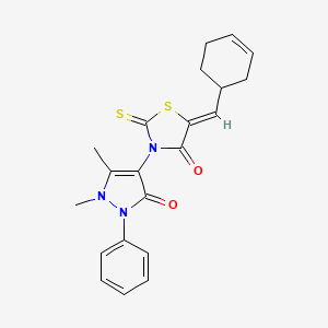 molecular formula C21H21N3O2S2 B12166994 (5Z)-5-(cyclohex-3-en-1-ylmethylidene)-3-(1,5-dimethyl-3-oxo-2-phenyl-2,3-dihydro-1H-pyrazol-4-yl)-2-thioxo-1,3-thiazolidin-4-one 