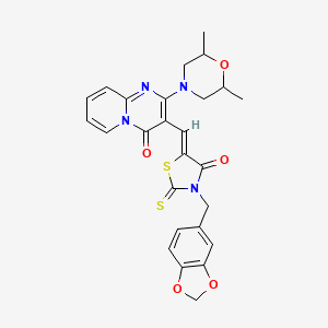 molecular formula C26H24N4O5S2 B12167476 3-{(Z)-[3-(1,3-benzodioxol-5-ylmethyl)-4-oxo-2-thioxo-1,3-thiazolidin-5-ylidene]methyl}-2-(2,6-dimethylmorpholin-4-yl)-4H-pyrido[1,2-a]pyrimidin-4-one 