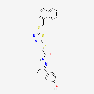 molecular formula C24H22N4O2S3 B12168148 N'-[(1E)-1-(4-hydroxyphenyl)propylidene]-2-({5-[(naphthalen-1-ylmethyl)sulfanyl]-1,3,4-thiadiazol-2-yl}sulfanyl)acetohydrazide 