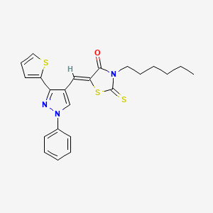 molecular formula C23H23N3OS3 B12168869 3-Hexyl-5-((1-phenyl-3-(thiophen-2-yl)-1H-pyrazol-4-yl)methylene)-2-thioxothiazolidin-4-one CAS No. 307953-05-5