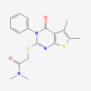 molecular formula C18H19N3O2S2 B12169906 2-[(5,6-dimethyl-4-oxo-3-phenyl-3,4-dihydrothieno[2,3-d]pyrimidin-2-yl)sulfanyl]-N,N-dimethylacetamide 