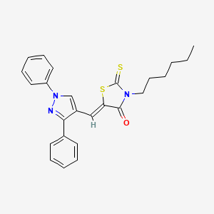 molecular formula C25H25N3OS2 B12170208 5-((1,3-Diphenyl-1H-pyrazol-4-yl)methylene)-3-hexyl-2-thioxothiazolidin-4-one CAS No. 307953-10-2