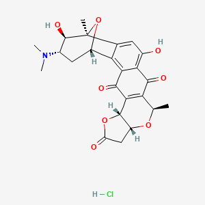 molecular formula C24H26ClNO8 B1217234 9,13-Epoxycyclohepta(7,8)naphtho(2,3-d)furo(3,2-b)pyran-2,6,14(9H)-trione, 11-(dimethylamino)-3,3a,5,10,11,12,13,14b-octahydro-7,10-dihydroxy-5,9-dimethyl, hydrochloride, (3aR-(3aalpha,5alpha,9beta,10beta,11alpha,13beta,14balpha))- CAS No. 115016-16-5