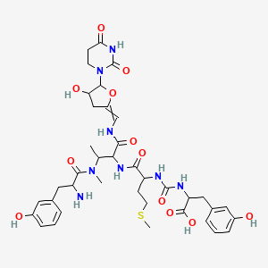 2-[[1-[[3-[[2-Amino-3-(3-hydroxyphenyl)propanoyl]-methylamino]-1-[[5-(2,4-dioxo-1,3-diazinan-1-yl)-4-hydroxyoxolan-2-ylidene]methylamino]-1-oxobutan-2-yl]amino]-4-methylsulfanyl-1-oxobutan-2-yl]carbamoylamino]-3-(3-hydroxyphenyl)propanoic acid