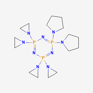 molecular formula C16H32N9P3 B1217799 1,1,3,3-Tetraaziridino-2,4,6-triaza-5,5-dipyrrolidinyl-1,3,5-triphosphorin CAS No. 86384-17-0