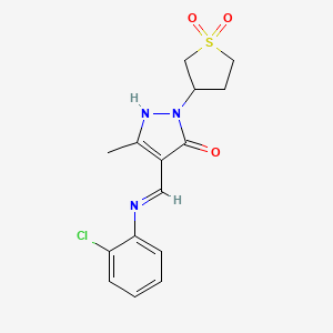 molecular formula C15H16ClN3O3S B12179442 (4E)-4-{[(2-chlorophenyl)amino]methylidene}-2-(1,1-dioxidotetrahydrothiophen-3-yl)-5-methyl-2,4-dihydro-3H-pyrazol-3-one 