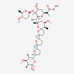 B1218040 2-[(2S,4R,5R,6R)-4-Hydroxy-6-[(1R)-1-[(7S,9R,10R)-2-[5-[5-[(3S,4S,5R,6S)-6-hydroxy-4-methoxy-3,5,6-trimethyloxan-2-yl]oxolan-2-yl]-5-methyloxolan-2-yl]-9-methoxy-2,7,10-trimethyl-1,6-dioxaspiro[4.5]decan-7-yl]ethyl]-5-[(2S,5S,6R)-5-methoxy-6-methyloxan-2-yl]oxy-5-methyloxan-2-yl]propaneperoxoic acid CAS No. 59149-05-2