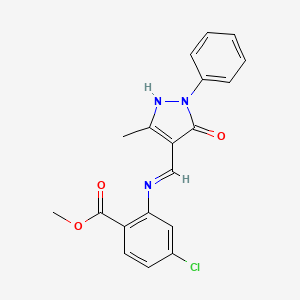 molecular formula C19H16ClN3O3 B12180835 methyl 4-chloro-2-{[(E)-(3-methyl-5-oxo-1-phenyl-1,5-dihydro-4H-pyrazol-4-ylidene)methyl]amino}benzoate 