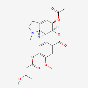 molecular formula C23H27NO8 B1218240 [(5S,5aS,11bS,11cS)-5-acetyloxy-9-methoxy-1-methyl-7-oxo-2,3,5,5a,11b,11c-hexahydroisochromeno[3,4-g]indol-10-yl] 3-hydroxybutanoate 
