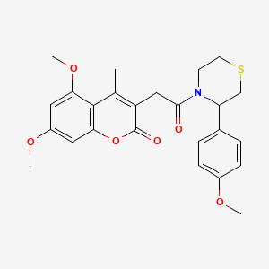 molecular formula C25H27NO6S B12183794 5,7-dimethoxy-3-{2-[3-(4-methoxyphenyl)thiomorpholin-4-yl]-2-oxoethyl}-4-methyl-2H-chromen-2-one 