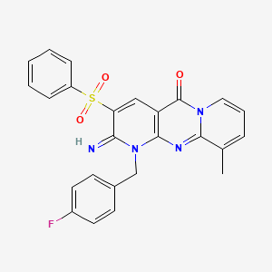 molecular formula C25H19FN4O3S B12192019 5-(Benzenesulfonyl)-7-[(4-fluorophenyl)methyl]-6-imino-11-methyl-1,7,9-triazatricyclo[8.4.0.0^{3,8}]tetradeca-3(8),4,9,11,13-pentaen-2-one 