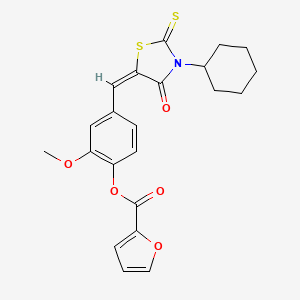 molecular formula C22H21NO5S2 B12192064 4-[(E)-(3-cyclohexyl-4-oxo-2-thioxo-1,3-thiazolidin-5-ylidene)methyl]-2-methoxyphenyl furan-2-carboxylate 