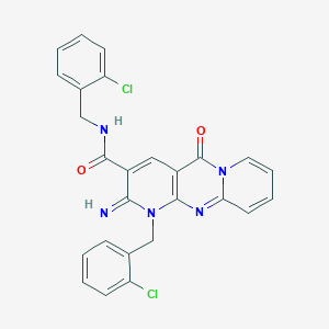 molecular formula C26H19Cl2N5O2 B12192395 N,7-bis[(2-chlorophenyl)methyl]-6-imino-2-oxo-1,7,9-triazatricyclo[8.4.0.03,8]tetradeca-3(8),4,9,11,13-pentaene-5-carboxamide 