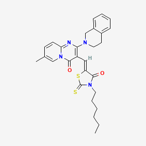 molecular formula C28H30N4O2S2 B12192638 2-(3,4-dihydroisoquinolin-2(1H)-yl)-3-[(Z)-(3-hexyl-4-oxo-2-thioxo-1,3-thiazolidin-5-ylidene)methyl]-7-methyl-4H-pyrido[1,2-a]pyrimidin-4-one 