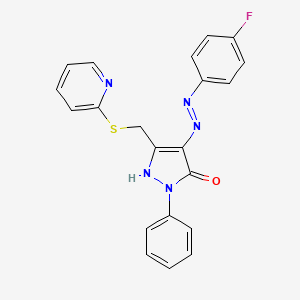 molecular formula C21H16FN5OS B12192709 (4E)-4-[(4-fluorophenyl)hydrazinylidene]-2-phenyl-5-(pyridin-2-ylsulfanylmethyl)pyrazol-3-one 