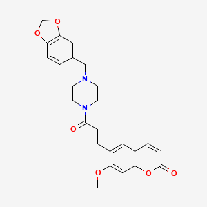 molecular formula C26H28N2O6 B12193155 6-{3-[4-(1,3-benzodioxol-5-ylmethyl)piperazin-1-yl]-3-oxopropyl}-7-methoxy-4-methyl-2H-chromen-2-one 