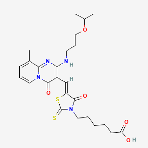 molecular formula C25H32N4O5S2 B12194375 6-{(5Z)-5-[(9-methyl-4-oxo-2-{[3-(propan-2-yloxy)propyl]amino}-4H-pyrido[1,2-a]pyrimidin-3-yl)methylidene]-4-oxo-2-thioxo-1,3-thiazolidin-3-yl}hexanoic acid 