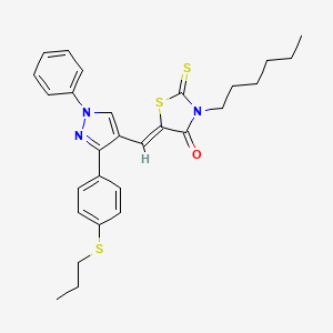 (5Z)-3-hexyl-5-({1-phenyl-3-[4-(propylsulfanyl)phenyl]-1H-pyrazol-4-yl}methylidene)-2-thioxo-1,3-thiazolidin-4-one