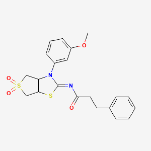 molecular formula C21H22N2O4S2 B12197368 N-[(2E)-3-(3-methoxyphenyl)-5,5-dioxidotetrahydrothieno[3,4-d][1,3]thiazol-2(3H)-ylidene]-3-phenylpropanamide 