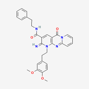 molecular formula C30H29N5O4 B12197696 7-[2-(3,4-dimethoxyphenyl)ethyl]-6-imino-2-oxo-N-(2-phenylethyl)-1,7,9-triazatricyclo[8.4.0.03,8]tetradeca-3(8),4,9,11,13-pentaene-5-carboxamide 