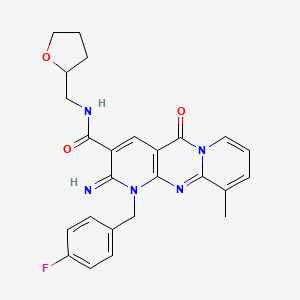 molecular formula C25H24FN5O3 B12198533 7-[(4-fluorophenyl)methyl]-6-imino-11-methyl-2-oxo-N-[(oxolan-2-yl)methyl]-1,7,9-triazatricyclo[8.4.0.0^{3,8}]tetradeca-3(8),4,9,11,13-pentaene-5-carboxamide 