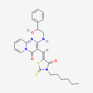 molecular formula C26H28N4O3S2 B12198652 3-[(Z)-(3-hexyl-4-oxo-2-thioxo-1,3-thiazolidin-5-ylidene)methyl]-2-[(2-hydroxy-2-phenylethyl)amino]-4H-pyrido[1,2-a]pyrimidin-4-one 