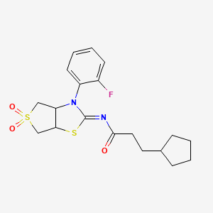 3-cyclopentyl-N-[3-(2-fluorophenyl)-5,5-dioxo-3a,4,6,6a-tetrahydrothieno[3,4-d][1,3]thiazol-2-ylidene]propanamide