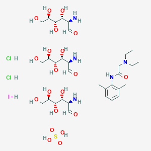 molecular formula C32H66Cl2IN5O20S B1220070 (2R,3R,4S,5R)-2-amino-3,4,5,6-tetrahydroxyhexanal;2-(diethylamino)-N-(2,6-dimethylphenyl)acetamide;sulfuric acid;dihydrochloride;hydroiodide CAS No. 8075-86-3