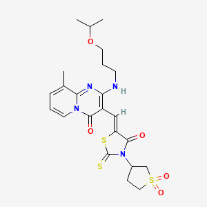 molecular formula C23H28N4O5S3 B12200805 3-{(Z)-[3-(1,1-dioxidotetrahydrothiophen-3-yl)-4-oxo-2-thioxo-1,3-thiazolidin-5-ylidene]methyl}-9-methyl-2-{[3-(propan-2-yloxy)propyl]amino}-4H-pyrido[1,2-a]pyrimidin-4-one 