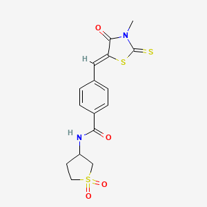 molecular formula C16H16N2O4S3 B12201012 N-(1,1-dioxidotetrahydrothiophen-3-yl)-4-[(Z)-(3-methyl-4-oxo-2-thioxo-1,3-thiazolidin-5-ylidene)methyl]benzamide 