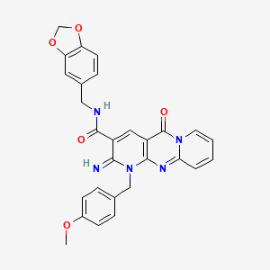 N-(1,3-benzodioxol-5-ylmethyl)-6-imino-7-[(4-methoxyphenyl)methyl]-2-oxo-1,7,9-triazatricyclo[8.4.0.03,8]tetradeca-3(8),4,9,11,13-pentaene-5-carboxamide