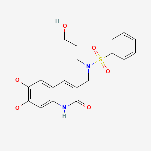 molecular formula C21H24N2O6S B1220220 N-[(6,7-dimethoxy-2-oxo-1H-quinolin-3-yl)methyl]-N-(3-hydroxypropyl)benzenesulfonamide 
