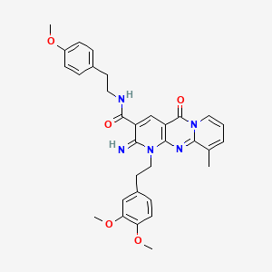 molecular formula C32H33N5O5 B12203177 7-[2-(3,4-dimethoxyphenyl)ethyl]-6-imino-N-[2-(4-methoxyphenyl)ethyl]-11-methyl-2-oxo-1,7,9-triazatricyclo[8.4.0.03,8]tetradeca-3(8),4,9,11,13-pentaene-5-carboxamide 