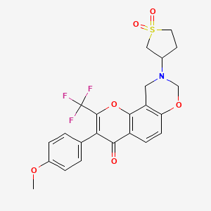 molecular formula C23H20F3NO6S B12203597 9-(1,1-dioxidotetrahydrothiophen-3-yl)-3-(4-methoxyphenyl)-2-(trifluoromethyl)-9,10-dihydro-4H,8H-chromeno[8,7-e][1,3]oxazin-4-one 