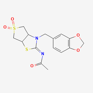 molecular formula C15H16N2O5S2 B12203699 N-[(2Z)-3-(1,3-benzodioxol-5-ylmethyl)-5,5-dioxidotetrahydrothieno[3,4-d][1,3]thiazol-2(3H)-ylidene]acetamide 