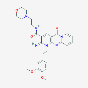 molecular formula C28H32N6O5 B12204340 7-[2-(3,4-dimethoxyphenyl)ethyl]-6-imino-N-(2-morpholin-4-ylethyl)-2-oxo-1,7,9-triazatricyclo[8.4.0.03,8]tetradeca-3(8),4,9,11,13-pentaene-5-carboxamide 